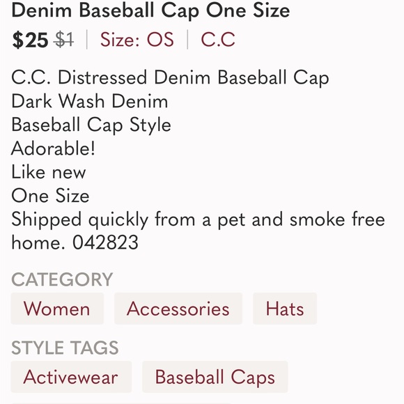 C.C. Distressed Denim Dark Wash Denim Baseball Cap One Size - Picture 2 of 10